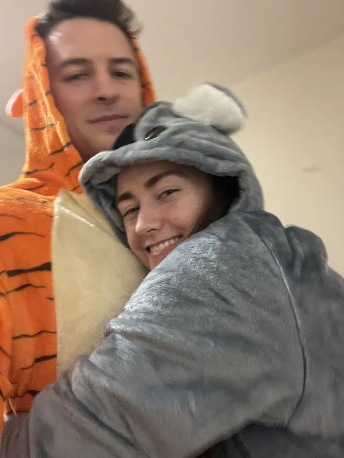In animal onesies